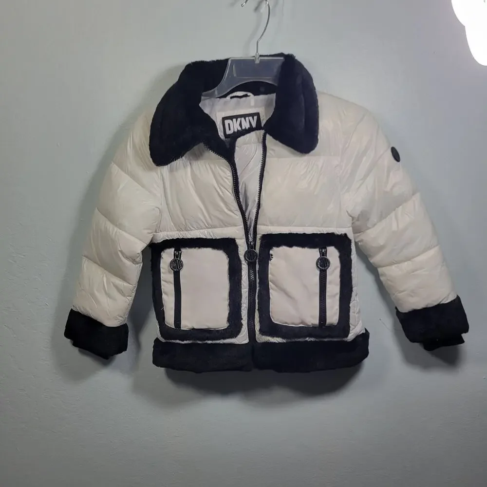 DKNY Girls White Trimmed in Black Faux Fur Puffer Crop Jacket Size 5/6 42026-37